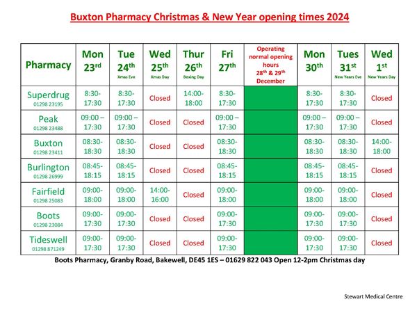 Buxton Pharmacy Opening Hours Christmas 2024